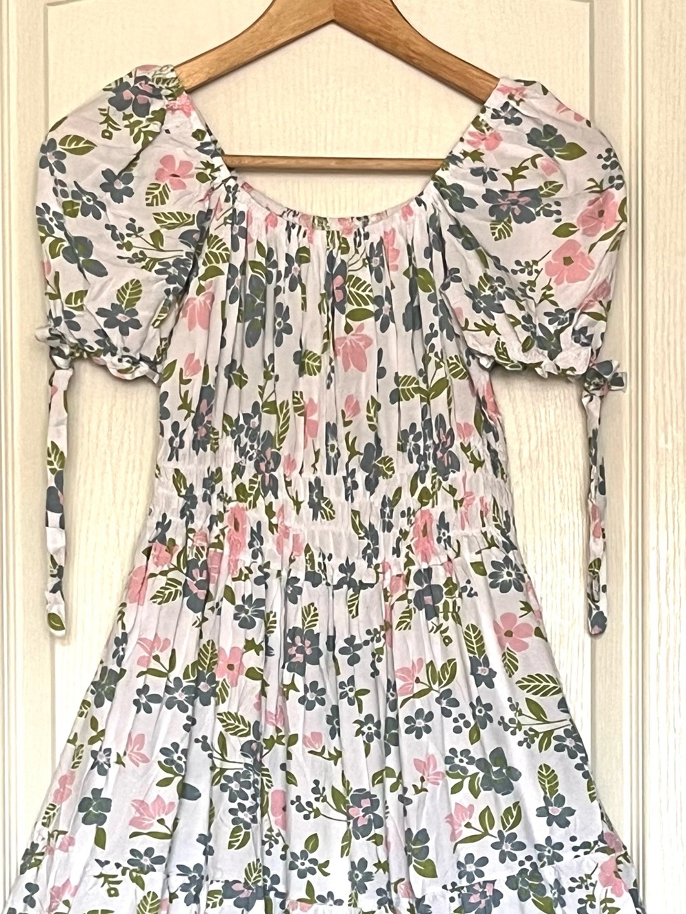 Boho Floral Puff Sleeve Milkmaid Midi Dress Smocked Waist S Romantic Coquette - Picture 13 of 14